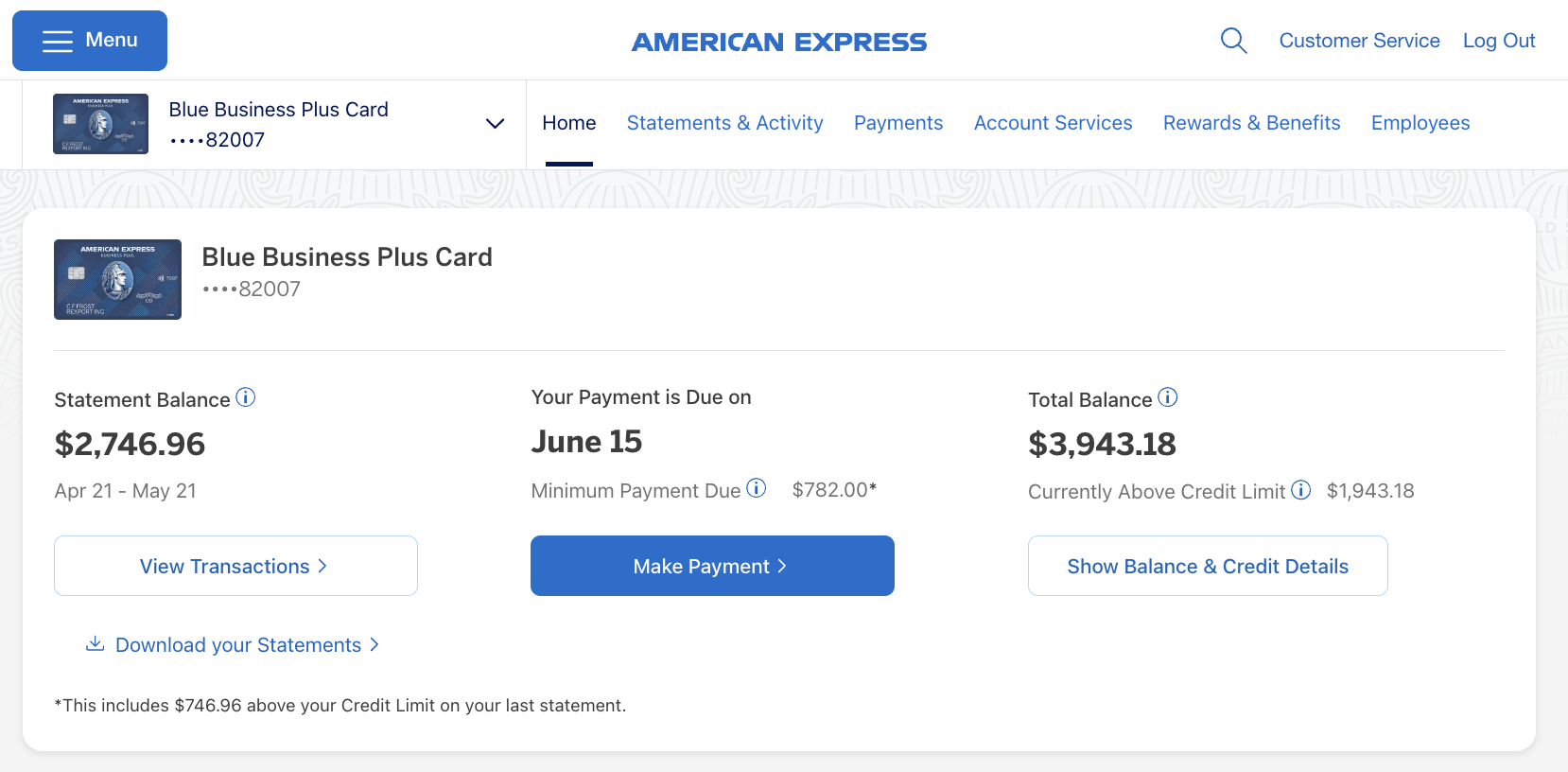 Amex account screenshot