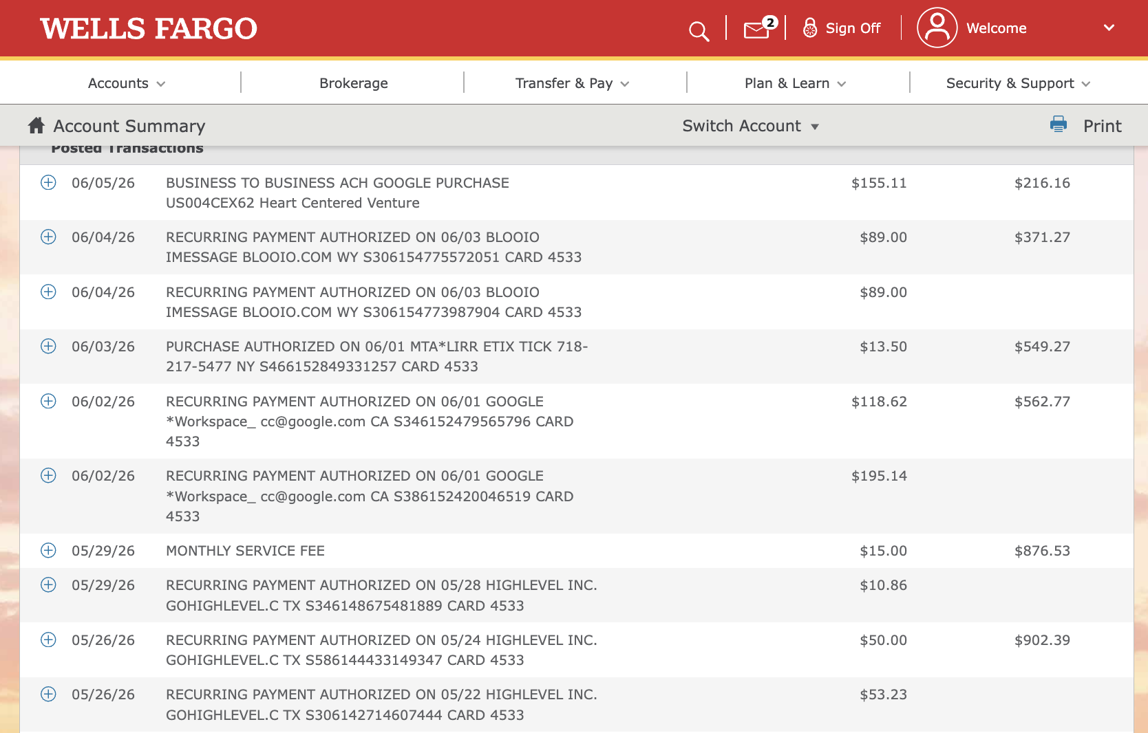Wells Fargo account screenshot